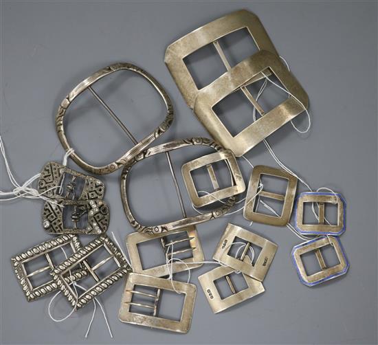 Eight assorted pairs of mainly 20th century buckles, including silver and silver and enamel.